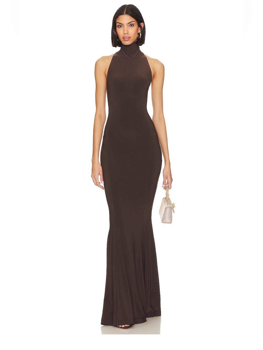 NORMA KAMALI Halter Turtle Fishtail Gown 4-Way Stretch Womens Sz M/38 Chocolate